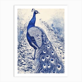 Navy Blue Peacock Linocut Inspired Peacock On A Path 2 Art Print