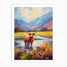 Impressionism Style Painting Of A Highland Cattle In The River 1 Art Print