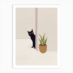 Minimal art of cat between pot and door Art Print