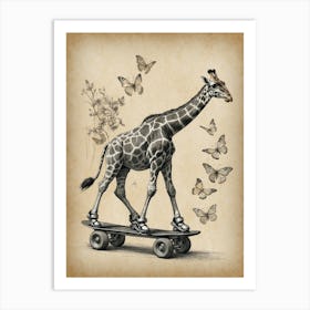 Giraffe On Skateboard Art Print