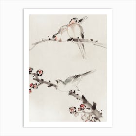 Three Birds Perched On Branches, One With Blossoms, Katsushika Hokusai Art Print