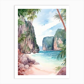 Watercolor Painting Of Maya Bay, Koh Phi Phi Thailand 1 Art Print