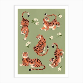 Fierce Tigers In Green Art Print