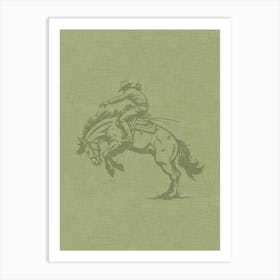 Cowboy On A Bucking Horse Green Art Print