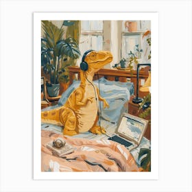 Dinosaur Listening To Music With Headphones In Bed 1 Art Print