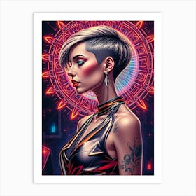 Modern Short Hair Girl - Neon Poster