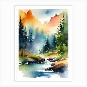 Watercolor Of A Mountain Stream Art Print