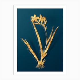 Vintage Gladiolus Cardinalis Botanical in Gold on Teal Blue n.0126 Art Print