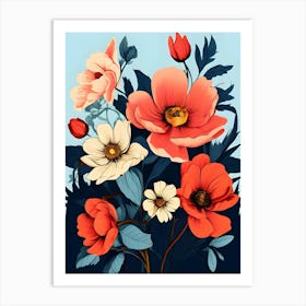 Flowers On A Blue Background 4 Art Print