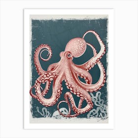Red & Navy Blue Octopus In The Ocean Linocut Inspired 1 Art Print