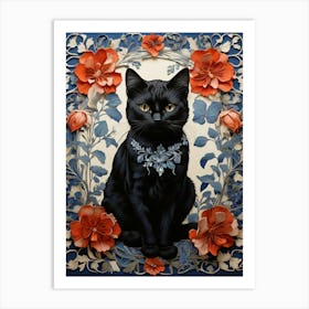 Black Cat With Flowers 9 Art Print