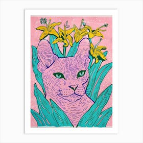 Cute Egyptian Mau Cat With Flowers Illustration 1 Art Print