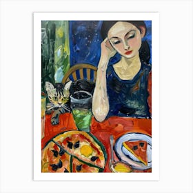 Portrait Of A Woman With Cats Eating Pizza 3 Art Print