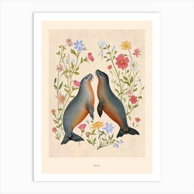Folksy Floral Animal Drawing Seal 6 Poster Art Print