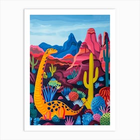 Geometric Colourful Dinosaur In The Desert Art Print