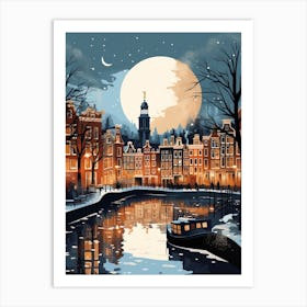 Winter Travel Night Illustration Amsterdam Netherlands 1 Art Print