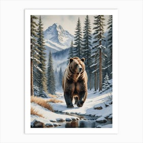 Grizzly Bear Winter Landscape Art Print