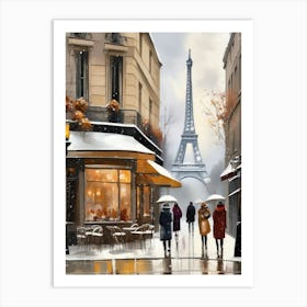 Paris cafes, winter season, Christmas, autumn oil colors, pale colors, pedestrians in the street, winter clothes, falling snow.Christmas decorations.5 1 Art Print