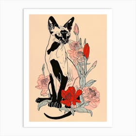 Cute Siamese Cat With Flowers Illustration 2 Art Print