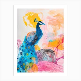 Peacock Colourful Crayon Sketch Art Print