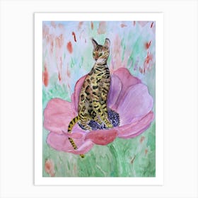 Cats Have Fun The Bengal Сat On A Pink Anemone Flower Art Print