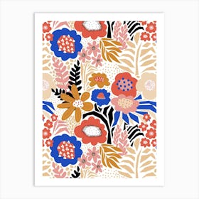 Paper Cut And Doodle Floral Collage Red Blue Beige Pink Art Print