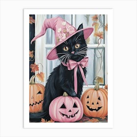 Black Cat Witch With Pumpkins Art Print