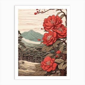 Higanatsu Red Camellia 3 Japanese Botanical Illustration Art Print