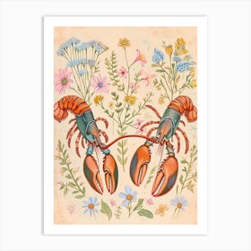 Folksy Floral Animal Drawing Lobster 2 Art Print