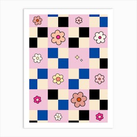 Checkerboard Flower Pink And Blue Art Print