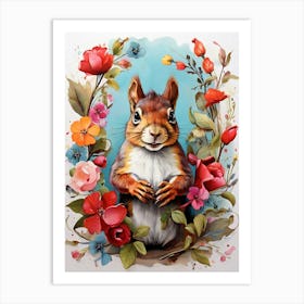 Squirrel With Flowers art print Art Print