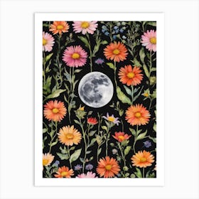 Moon Among The Wildflowers ~ Art Nouveau Colorful Flowers Full Moon Wheel of the Year Almanac Black Background Beautiful Moon Phases, Home Decor Watercolour Painting Pagan Fairytale Art Print