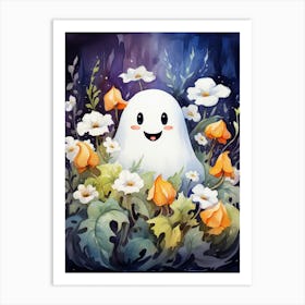 Cute Bedsheet Ghost, Botanical Halloween Watercolour 66 Art Print