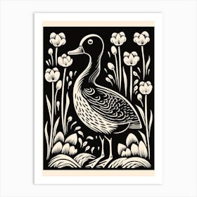 B&W Bird Linocut Duck 2 Art Print