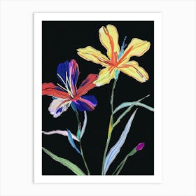 Neon Flowers On Black Flax Flower 2 Art Print