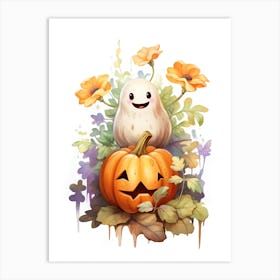 Cute Ghost With Pumpkins Halloween Watercolour 88 Art Print