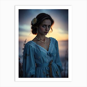 Country Beauty In Blue Dress At Morning - Diverse Art Illustration 53 Art Print