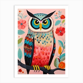 Pink Scandi Great Horned Owl 3 Art Print