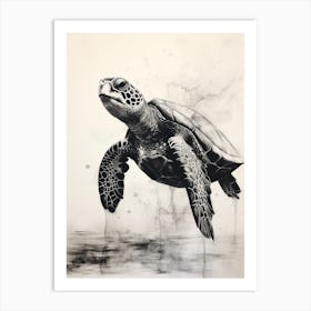 Black Watercolour Drawing Of A Sea Turtle Art Print