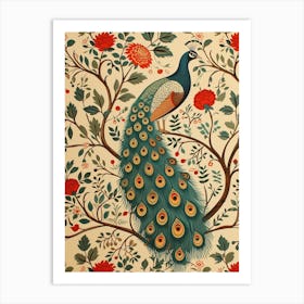 Sepia Peacock With Red Flowers Art Print