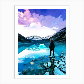 Mt Cook From Lake With Iceberg, New Zealand Art Print