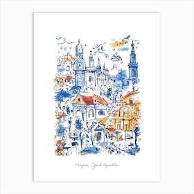 Prague Illustration Line Art Czech Republic Travel Blue Art Print