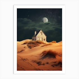 Cosmic cabin on the desert dunes under a cosmic night sky Art Print