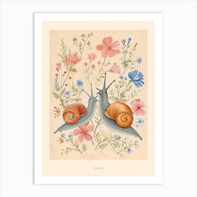 Folksy Floral Animal Drawing Snail Poster Art Print