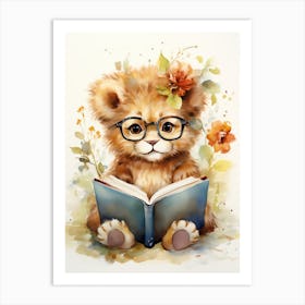 Reading Books Watercolour Lion Art Painting 1 Art Print