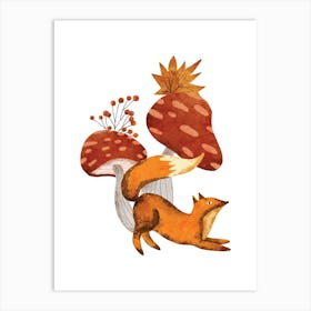 Wild fox with mushrooms Art Print