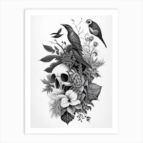 Skull With Bird Motifs Black And White 2 Botanical Art Print