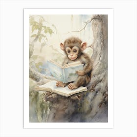 Monkey Painting Reading Watercolour 3 Art Print