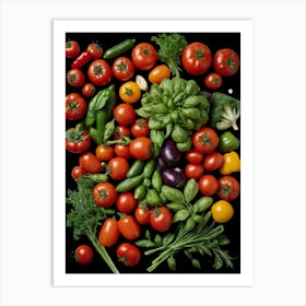 Vegetables On Black Background Kitchen Wall Art Art Print