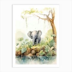 Elephant Painting Birdwatching Watercolour 2 Art Print